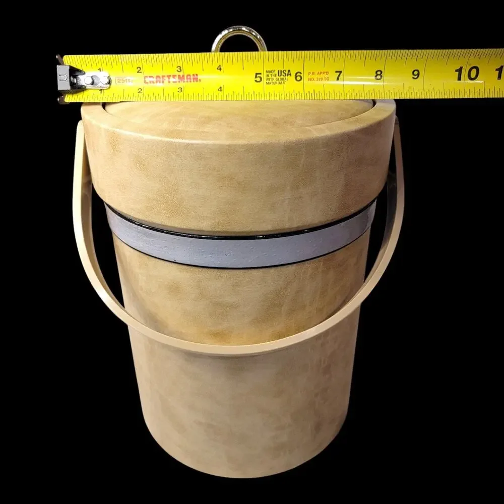 Vintage Tan Ice Bucket w/ Lid Swing Handle Fixed Liner Faux Leather Barware